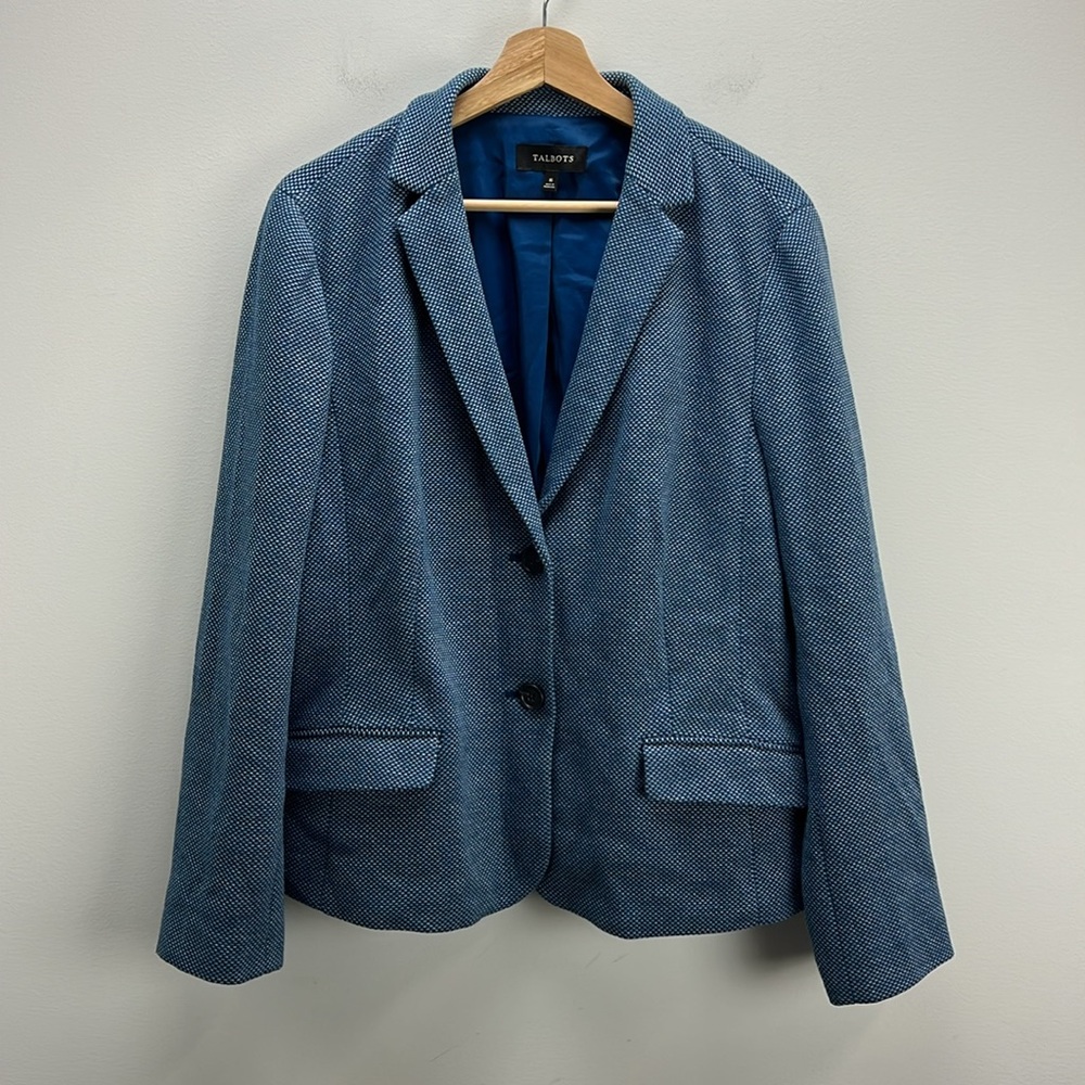Talbots Blazer Knit Blue Check Two Button Womens Size 16 Career Wear Office